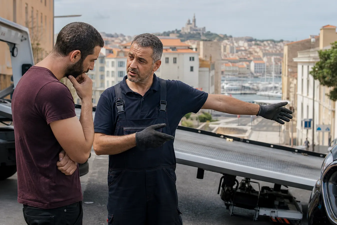 Dépanneur professionnel échangeant avec un client à côté de sa dépanneuse