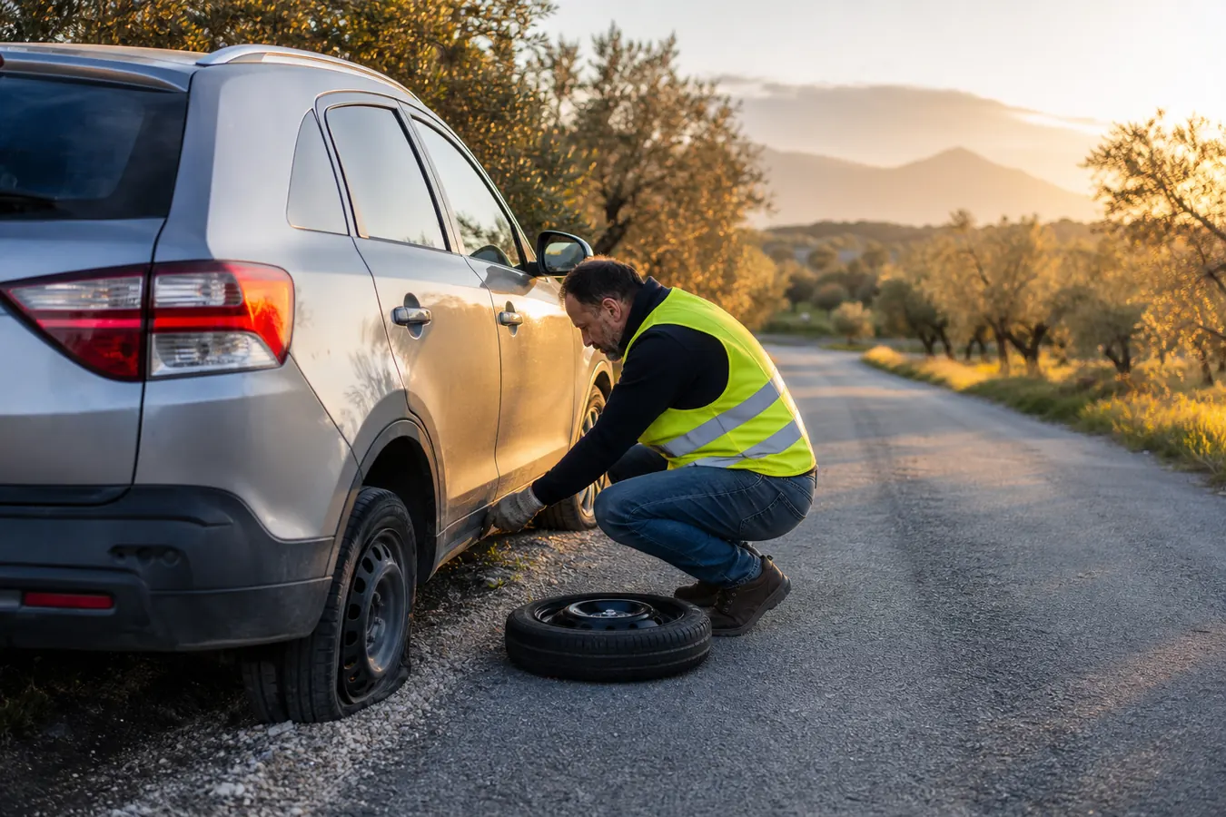 Conducteur en gilet jaune face à une crevaison sur une route de Provence