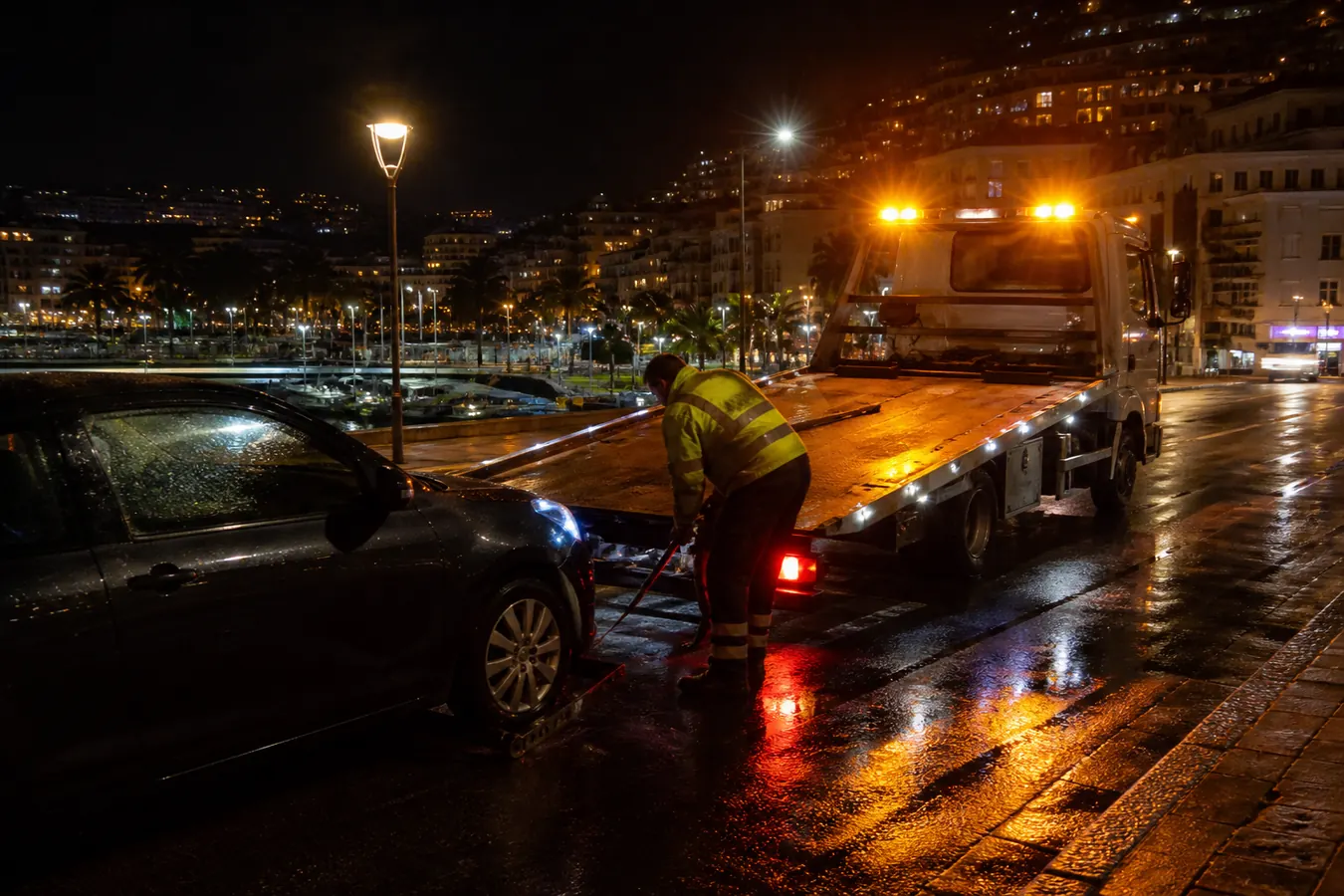 Intervention de dépannage nocturne avec gyrophare en Côte d'Azur
