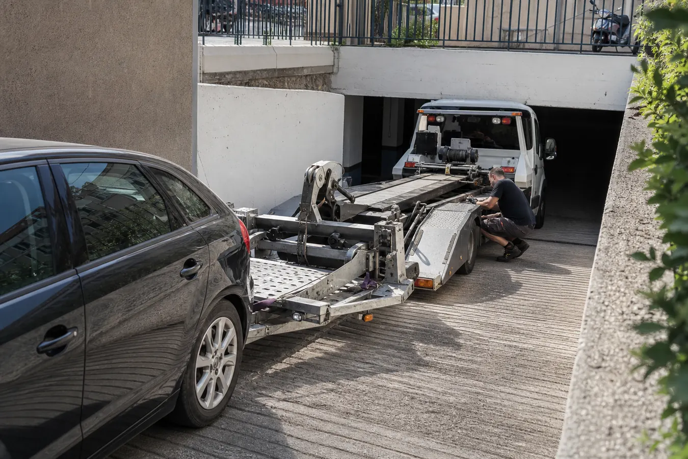Dépannage auto Marseille en parking souterrain avec dépanneuse surbaissée