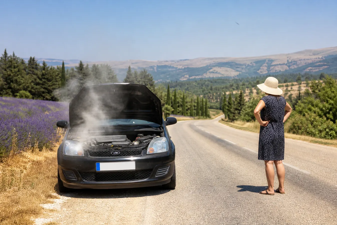 Voiture en surchauffe sur une route de Provence en période de canicule