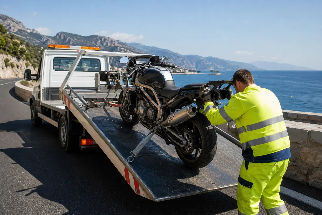 Remorquage d'une moto sur la Côte d'Azur avec dépanneuse adaptée