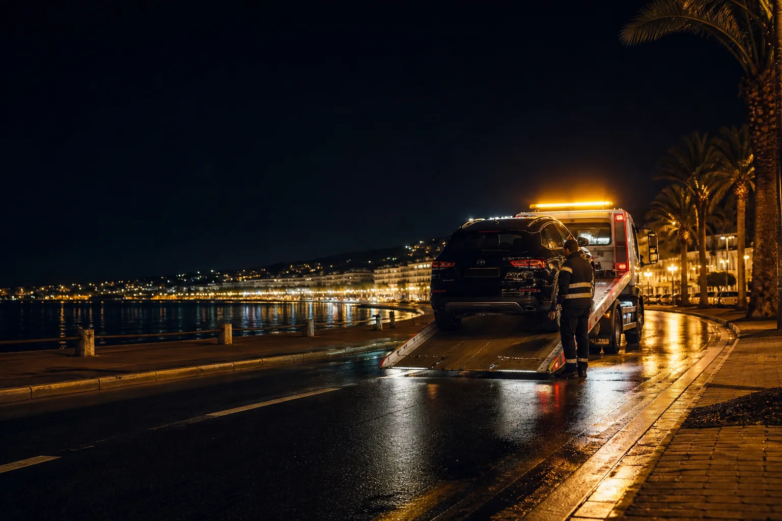 Remorquage Nice de nuit : dépanneuse en intervention sur la Promenade des Anglais